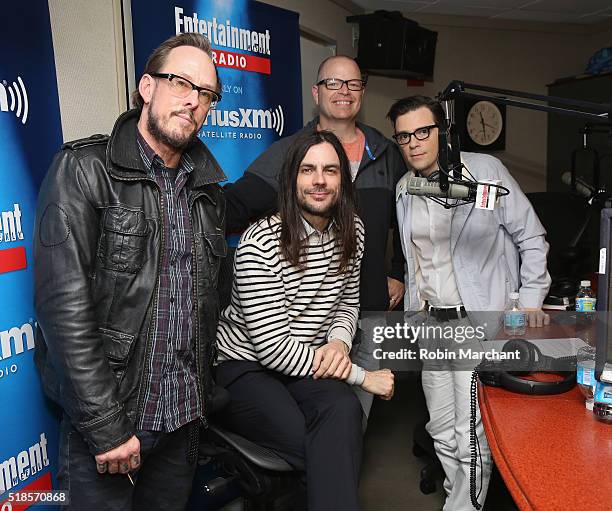 Scott Shriner, Patrick Wilson, Brian Bell and Rivers Cuomo of Weezer visit Entertainment Weekly Radio at SiriusXM Studio on April 1, 2016 in New York...