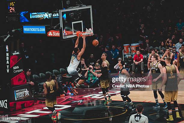 Jabari Parker of Team USA dunks the ball during the BBVA Compass Rising Stars Challenge as part of 2016 All-Star Weekend at the Ricoh Coliseum on...