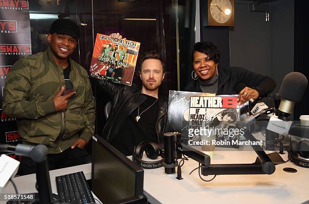 Aaron Paul visits 'Sway in the Morning' with Sway Calloway and Heather B on Eminem's Shade 45 at SiriusXM Studio on April 1, 2016 in New York City.