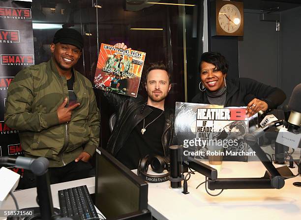 Aaron Paul visits 'Sway in the Morning' with Sway Calloway and Heather B on Eminem's Shade 45 at SiriusXM Studio on April 1, 2016 in New York City.