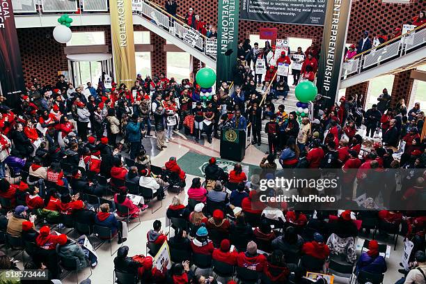 Initial protest in the Student Union Building of Chicago State University in Chicago, Illinois, United States, on 1st April, 2016. Teachers gather to...