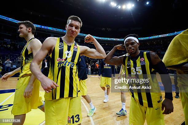 Bogdan Bogdanovic, #13 of Fenerbahce Istanbul and Bobby Dixon, #35 of Fenerbahce Istanbul celebrate victory during the 2015-2016 Turkish Airlines...