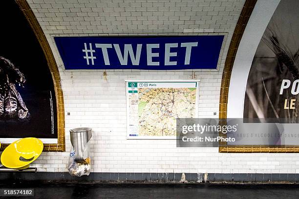 French Paris subway company changed the name of different station as a joke for the traditional first april in Paris, France on 1st April 2016.