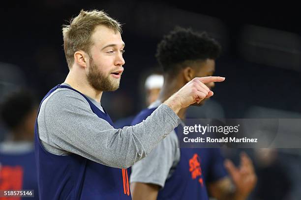 Trevor Cooney of the Syracuse Orange looks on during a practice session for the 2016 NCAA Men's Final Four at NRG Stadium on April 1, 2016 in...