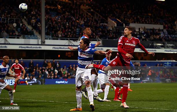 Gaston Ramirez of Middlesbrough heads his side's second goal during the Sky Bet Championship match between Queens Park Rangers and Middlesbrough at...