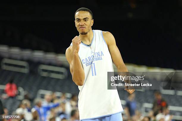 Brice Johnson of the North Carolina Tar Heels reacts during a practice session for the 2016 NCAA Men's Final Four at NRG Stadium on April 1, 2016 in...
