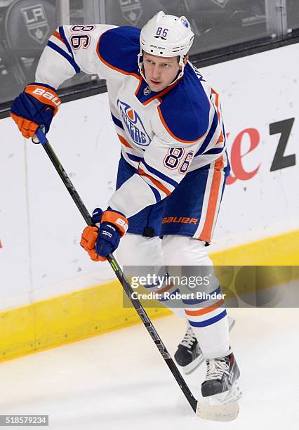 Nikita Nikitin of the Edmonton Oilers plays against the Los Angeles Kings at Staples Center on October 14, 2014 in Los Angeles, California.