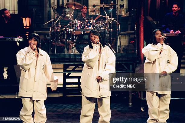Episode 295 -- Pictured: Leanne "Lelee" Lyons, Cheryl "Coko" Gamble, Tamara "Taj" Johnson of musical guest SWV perform on September 3, 1993 --