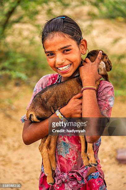 retrato de jovem garota indiana segurando cabra, village, perto de jodhpur - povo rom - fotografias e filmes do acervo