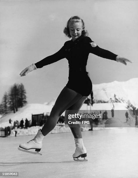 American skater Gretchen Merrill on the ice during her performance in the Ladies Figure Skating contest at the Olympic Games in St. Moritz,...