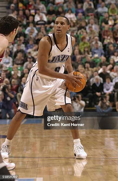 Howard Eisley of the Utah Jazz controls the ball against the Chicago Bulls during the game on November 24, 2004 at the Delta Center in Salt Lake...