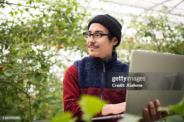 farmer using laptop computer to conduct research in a greenhouse - food company manager stock pictures, royalty-free photos & images