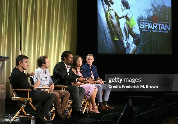 Producer Arthur Smith, producer Anthony Storm and TV personalities Dhani Jones, MJ Acosta, and Evan Dollard speak onstage during the 'Spartan:...