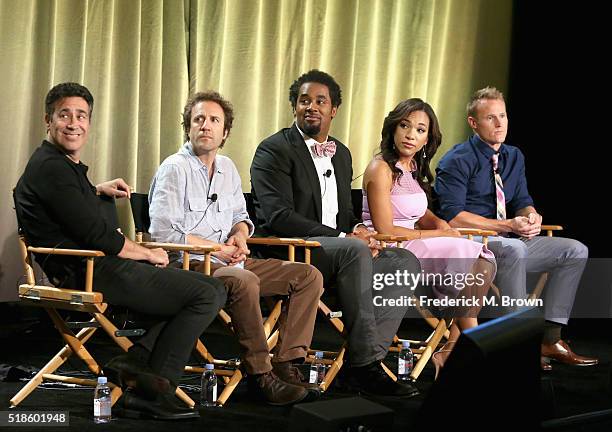 Producer Arthur Smith, producer Anthony Storm and TV personalities Dhani Jones, MJ Acosta, and Evan Dollard speak onstage during the 'Spartan:...