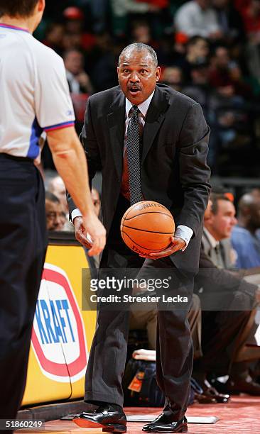 Head coach Bernie Bickerstaff of the Charlotte Bobcats reacts to a call during their game against the New Orleans Hornets on December 14, 2004 at the...