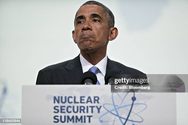 President Barack Obama pauses while speaking during a news conference at the Nuclear Security Summit in Washington, D.C., U.S., on Friday, April 1,...