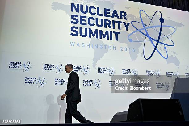 President Barack Obama walks off-stage after speaking during a news conference at the Nuclear Security Summit in Washington, D.C., U.S., on Friday,...