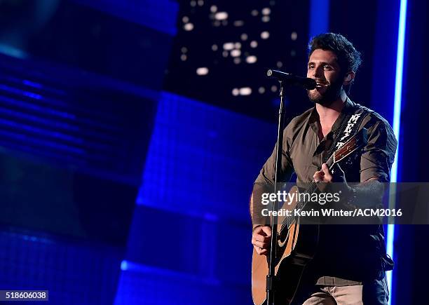 Musician Thomas Rhett rehearses onstage during the 51st Academy of Country Music Awards at MGM Grand Garden Arena on April 1, 2016 in Las Vegas,...