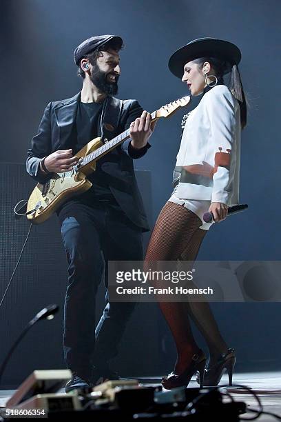Michael Wittner and Cleo Panther of the Austrian band Parov Stelar perform live during a concert at the Max-Schmeling-Halle on April 1, 2016 in...