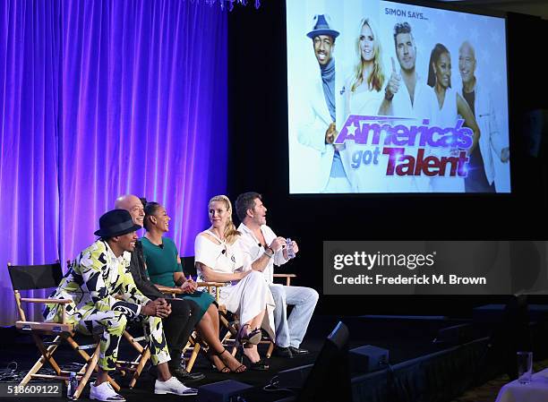 Personalities Nick Cannon, Howie Mandel, Mel B, Heidi Klum and TV personality/producer Simon Cowell speak onstage during the 'America's Got Talent'...