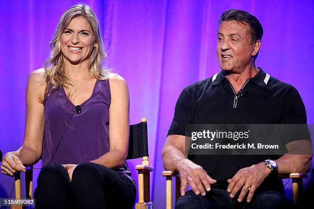 Personality Gabrielle Reece and producer Sylvester Stallone speak onstage during the 'Strong' panel at the 2016 NBCUniversal Summer Press Day at Four...