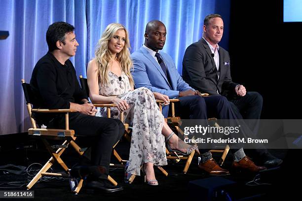 Producer Arthur Smith and TV personalities Kristine Leahy, Akbar Gbajabiamila, and Matt Iseman speak onstage during the 'American Ninja Warrior'...