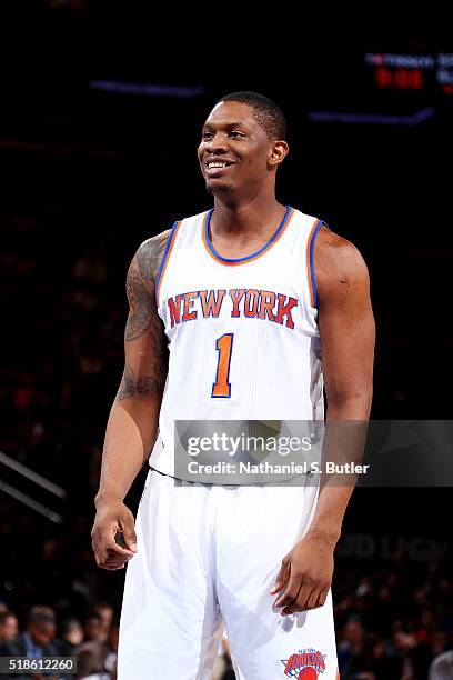 Kevin Seraphin of the New York Knicks looks on during the game against the Brooklyn Nets on April 1, 2016 at Madison Square Garden in New York City,...