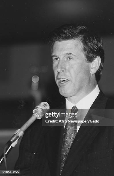 36th Lieutenant Governor of Virginia Don S Beyer speaking into a microphone, 1994.