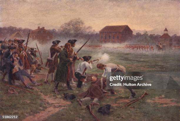 Minutemen facing British soldiers on Lexington Common, Massachusetts, in the first battle in the War of Independence, 19th April 1775. Original...