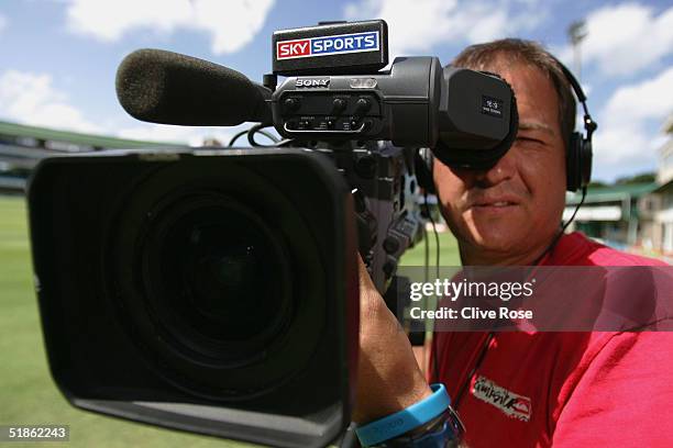 Sky Sports camrea man looks down the lens prior to the the 1st Test Match between South Africa and England at St Georges cricket ground on December...