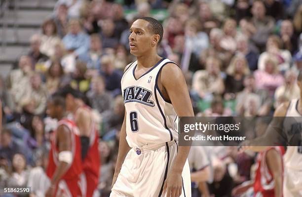 Howard Eisley of the Utah Jazz walks on the court during the game against the Houston Rockets on November 26, 2004 at the Delta Center in Salt Lake...