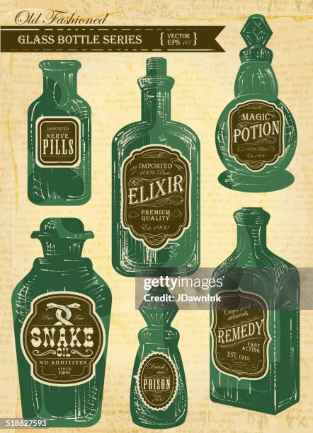 set of assorted old fashioned labels with bottle on paper - vintage soda bottles stock illustrations