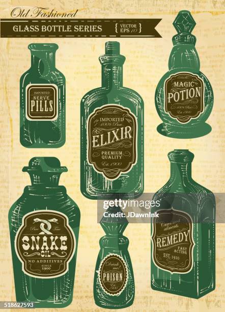 set of assorted old fashioned labels with bottle on paper - snake illustration stock illustrations