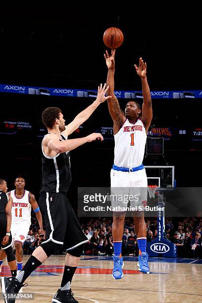 Kevin Seraphin of the New York Knicks shoots the ball during the game against the Brooklyn Nets on April 1, 2016 at Madison Square Garden in New York...