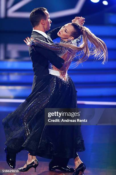 Alessandra Meyer-Woelden and Sergiu Luca perform on stage during the 3rd show of the television competition 'Let's Dance' on April 1, 2016 in...