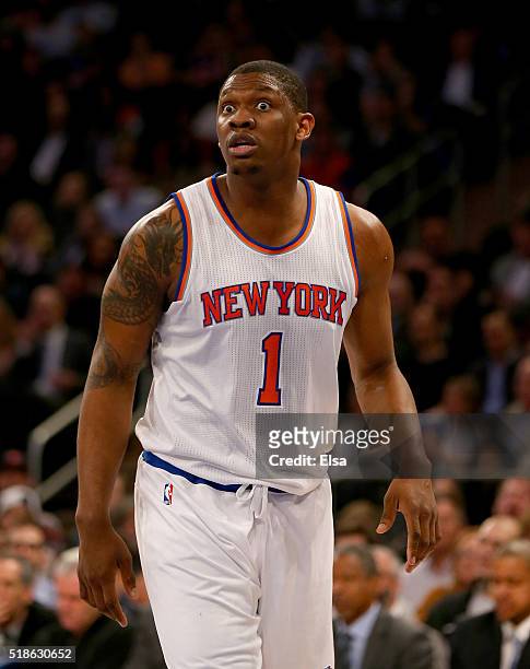 Kevin Seraphin of the New York Knicks reacts after he is called for a foul in the second half against the Brooklyn Nets at Madison Square Garden on...