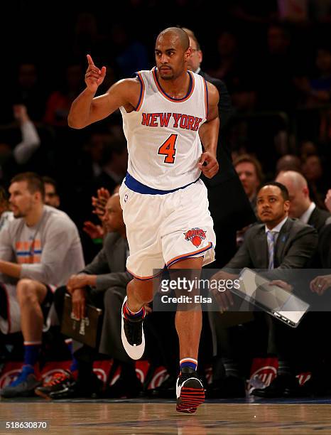 Arron Afflalo of the New York Knicks celebrates his shot in the second half against the Brooklyn Nets at Madison Square Garden on April 1, 2016 in...