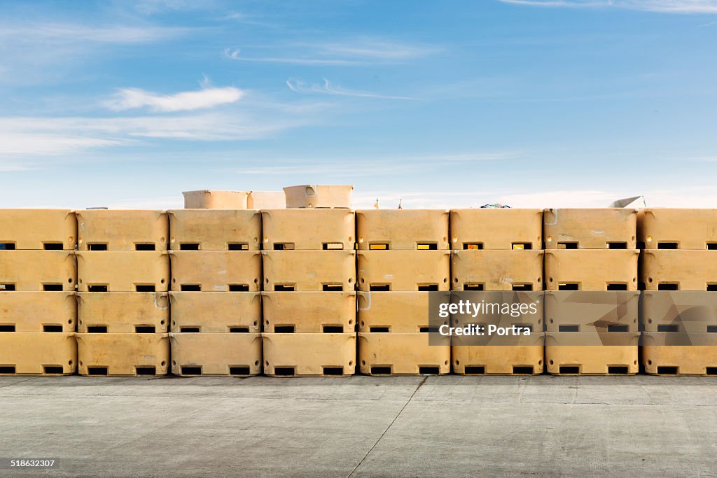 Crates arranged at fishing industry