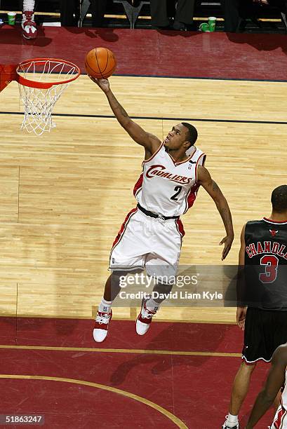 Dajuan Wagner of the Cleveland Cavaliers shoots a layup against the Chicago Bulls during the game on November 27, 2004 at Gund Arena in Cleveland,...