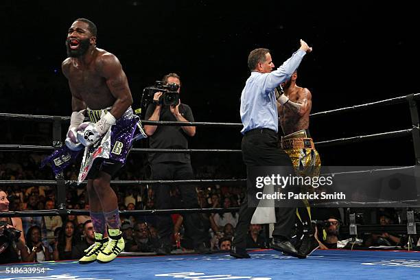 Adrien Broner reacts after defeating Ashley Theophane by TKO in ninth round in their super lightweight championship bout at the DC Armory on April 1,...