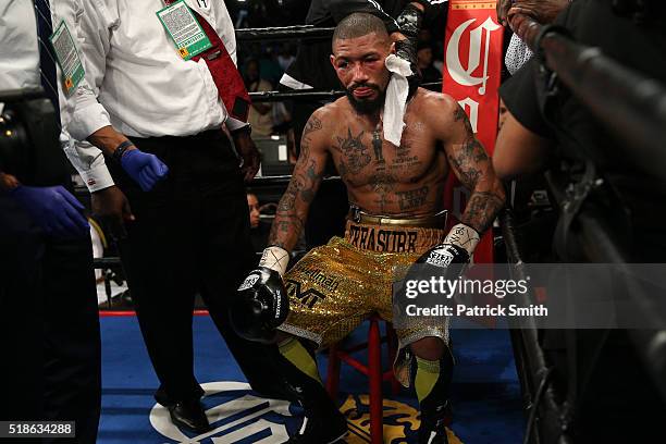 Ashley Theophane looks on after being defeated by TKO in the ninth round by Adrien Broner in their super lightweight championship bout at the DC...