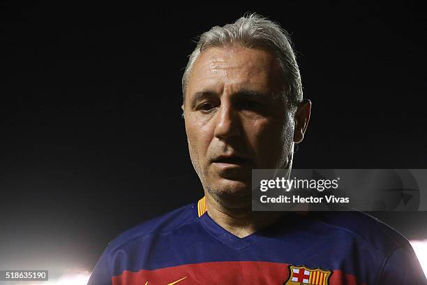 Hristo Stoichkov of Barcelona Legends looks on during the match between Leyendas de Mexico and FCB Legends at La Corregidora Stadium on april 01,...