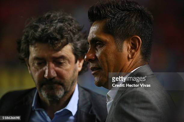 Jose Mari Bakero, coach of Barcelona Legends and Jorge Campos, coach of Leyendas de Mexico look on during the match between Leyendas de Mexico and...