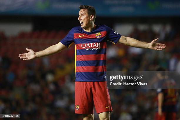 Frederic Dehu of Barcelona Legends reacts during the match between Leyendas de Mexico and FCB Legends at La Corregidora Stadium on april 01, 2016 in...