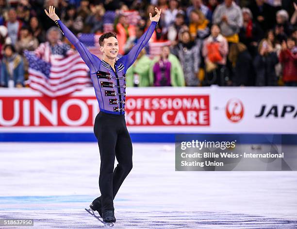 Adam Rippon of the United States reacts after competing during Day 5 of the ISU World Figure Skating Championships 2016 at TD Garden on April 1, 2016...