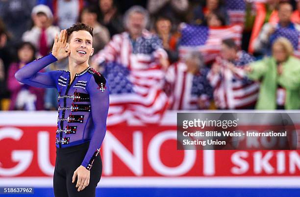 Adam Rippon of the United States reacts after competing during Day 5 of the ISU World Figure Skating Championships 2016 at TD Garden on April 1, 2016...