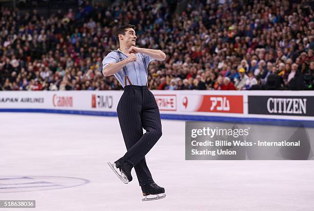 Javier Fernandez of Spain competes during Day 5 of the ISU World Figure Skating Championships 2016 at TD Garden on April 1, 2016 in Boston,...