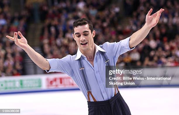 Javier Fernandez of Spain competes during Day 5 of the ISU World Figure Skating Championships 2016 at TD Garden on April 1, 2016 in Boston,...