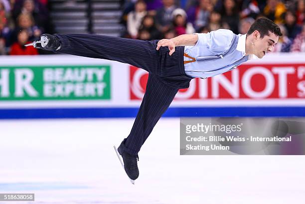 Javier Fernandez of Spain competes during Day 5 of the ISU World Figure Skating Championships 2016 at TD Garden on April 1, 2016 in Boston,...