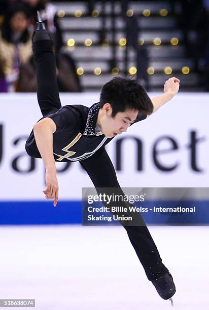 Boyan Jin of China competes during Day 5 of the ISU World Figure Skating Championships 2016 at TD Garden on April 1, 2016 in Boston, Massachusetts.